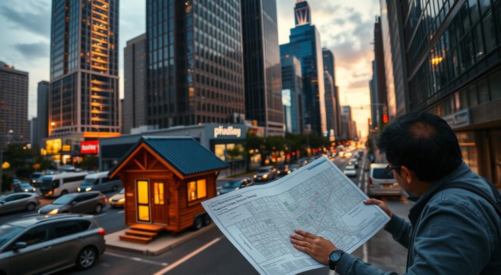 A bustling city street at dusk, with a quaint and charming tiny house nestled amongst towering skyscrapers. The tiny house stands out with its warm, cozy lighting and rustic wooden exterior, a symbol of the "pudhuulagam" brand. In the foreground, a city planner examines a zoning map, navigating the intricate web of regulations that govern the placement of these diminutive dwellings. The background is filled with the hum of traffic and the glow of city lights, creating a sense of contrast and tension between the small-scale living and the urban landscape. The scene is captured with a wide-angle lens, emphasizing the scale and juxtaposition of the tiny house against the towering city.