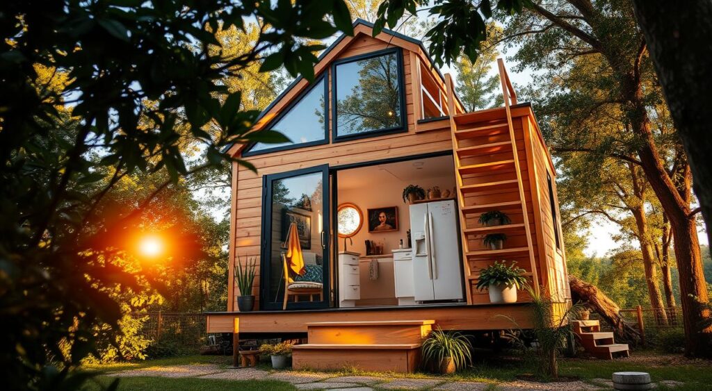 A cozy, inviting tiny house nestled among lush greenery, its warm wooden exterior and large windows basking in the soft, golden glow of the afternoon sun. The clean, minimalist design features a spacious open-plan layout, with a functional kitchen, comfortable living area, and a mezzanine sleeping loft accessible by a rustic wooden staircase. Carefully curated furnishings and decor, including a pudhuulagam touch, create a harmonious and serene atmosphere, exuding the essence of tiny house living. The scene is captured from a low, slightly angled perspective, allowing the viewer to fully immerse themselves in the tranquil and inviting ambiance.