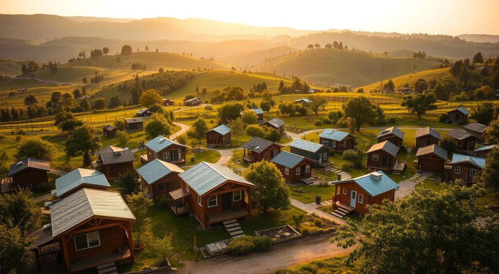 A cozy, picturesque tiny house community nestled in a lush, verdant landscape. In the foreground, a cluster of beautifully designed tiny homes with charming details like wood siding, metal roofs, and large windows. The middle ground features winding paths and shared amenities like a community garden and a small play area. In the background, rolling hills dotted with trees and a warm, golden sunset casts a soft glow over the entire scene. The lighting is natural and warm, with a slight hazy quality, creating a serene and inviting atmosphere. Photographed with a wide-angle lens to capture the full scope of the community. pudhuulagam tiny house community.
