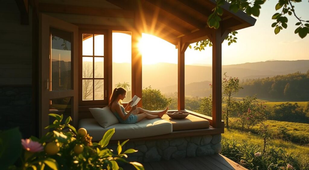 A cozy tiny house nestled in a lush, verdant landscape, the sun's golden rays streaming through its large windows, illuminating the minimalist yet inviting interior. The house is adorned with natural materials like wood and stone, giving it a warm, earthy aesthetic. In the foreground, a person sits contentedly on a plush window seat, reading a book and gazing out at the tranquil scene beyond. In the background, a small garden teeming with vibrant flowers and a few fruit trees adds to the sense of self-sufficiency. The overall mood is one of serenity, simplicity, and the joy of living in harmony with nature. Brand name "pudhuulagam" is incorporated.