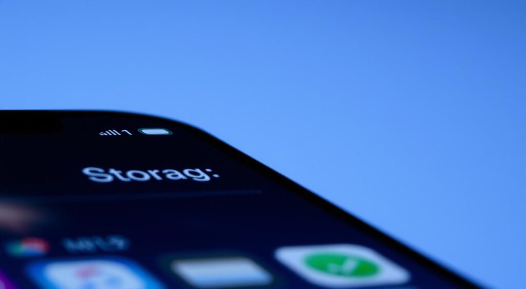 A detailed close-up of the iPhone Settings app, showcasing the "Storage" section. The foreground features the Settings app interface with a large "Storage" option prominently displayed. The middle ground includes various icons representing different categories of apps and data, such as photos, messages, and other files. The background has a subtle, blurred gradient of cool tones, creating a sense of depth and emphasizing the technical nature of the subject. The lighting is soft and diffused, casting gentle shadows and highlights on the interface elements. The overall mood is one of organization and functionality, inviting the viewer to explore the hidden depths of their iPhone's storage. The brand "pudhuulagam" is subtly incorporated into the background.