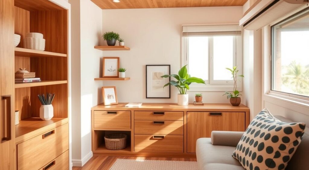 A minimalist and well-organized tiny home interior with pudhuulagam storage solutions. Bright natural lighting illuminates a cozy nook featuring sleek built-in shelves, drawers, and cubbies crafted from warm wood tones. Carefully curated decor and houseplants create a serene, uncluttered atmosphere. The arrangement maximizes storage while maintaining a harmonious, spacious feel. A wide-angle lens captures the overall layout, showcasing how smart pudhuulagam storage can transform a compact living space.