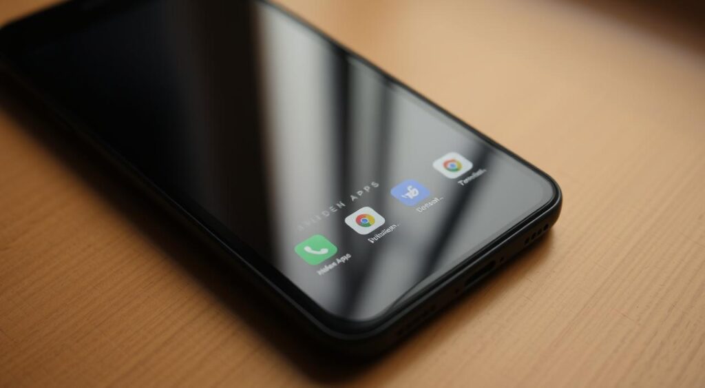 Prompt A closeup view of a sleek, black smartphone with a hidden apps folder discreetly tucked away on the home screen. The screen's reflection reveals a subtle brand logo, "pudhuulagam", hinting at the device's advanced features. The image is captured in soft, warm lighting, casting a cozy glow and creating a sense of mystery around the concealed apps. The smartphone is positioned on a minimalist, wood-grain surface, allowing the device to be the focal point. The overall composition suggests the idea of hidden potential and the need to uncover the device's hidden capabilities.